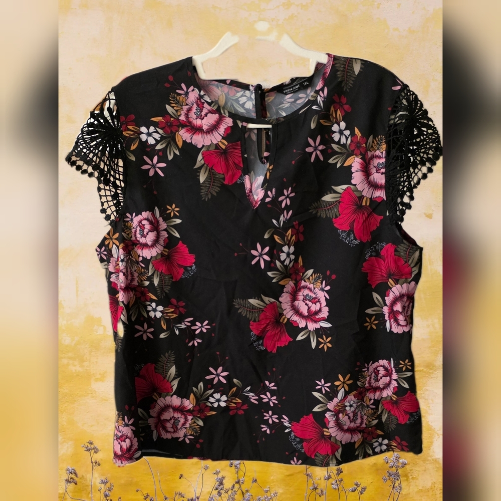 SHEIN Black Blouse with Pink Floral Design